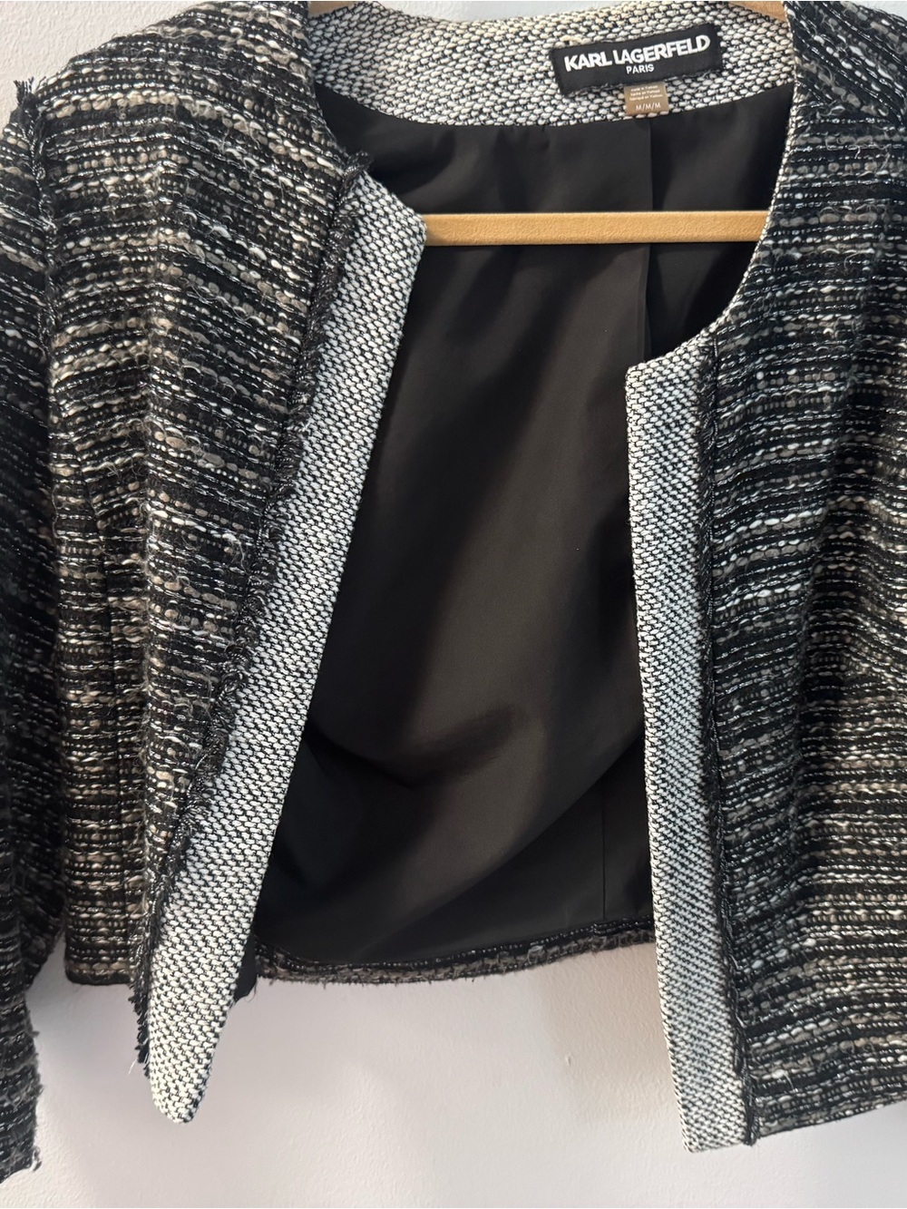 Karl Lagerfeld Black and White Tweed Open-Front Blazer